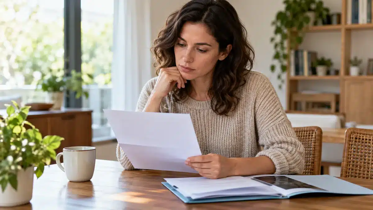 Persona revisando una carta y documentación médica en casa
