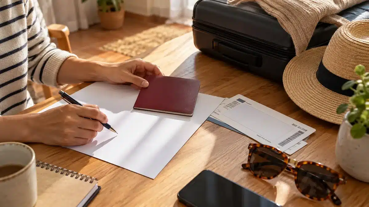 Pasaporte y documentación preparados junto a una maleta de viaje