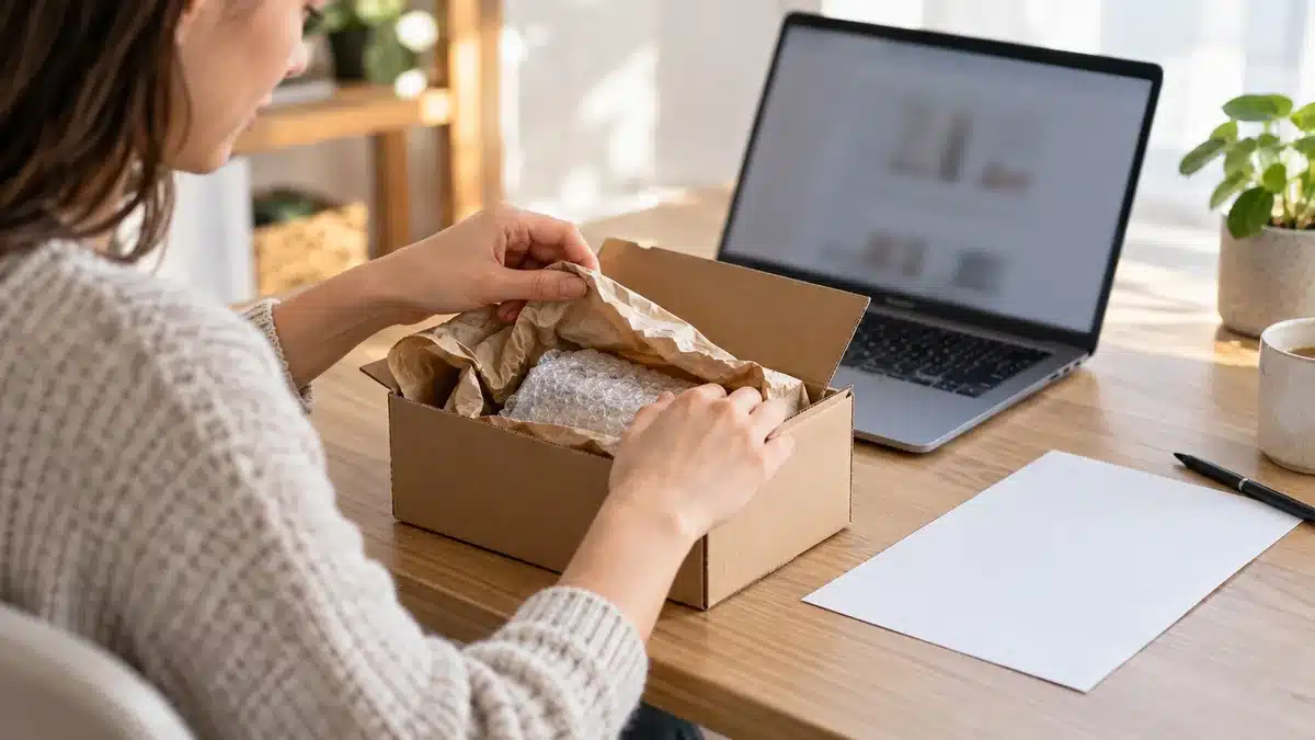 Persona comprobando un paquete de una compra por internet