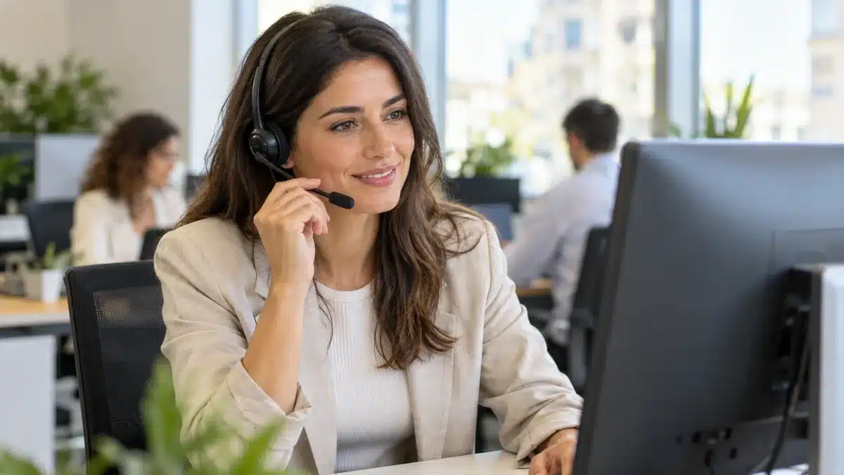 Profesional de atención al cliente con auriculares en una oficina